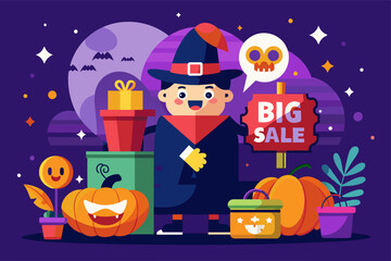 A witch holding a sign for a big sale, with pumpkins and gifts