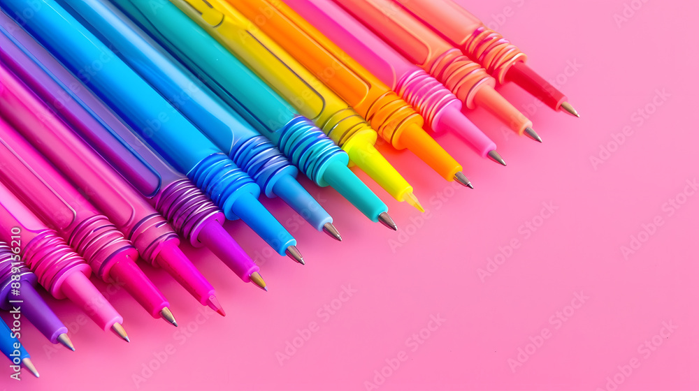 Poster multicolored felt tip pens on pink background for back to school flat lay with empty space