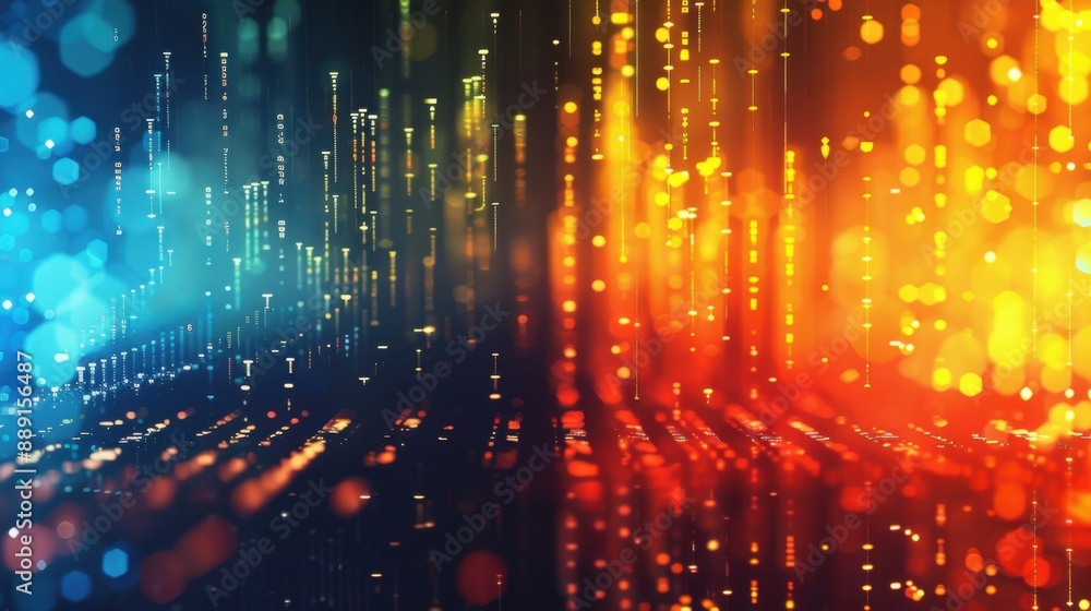 Poster vibrant abstract digital light streaks with bokeh effect in blue and orange, creating a dynamic, fut
