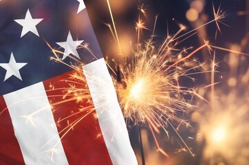 Sparkles with lights and American flag. July forth celebration.