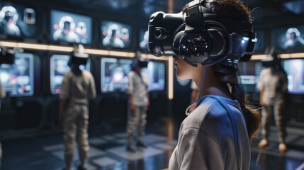 People in a futuristic lab using virtual reality headsets, focusing on immersive technology and digital interface.