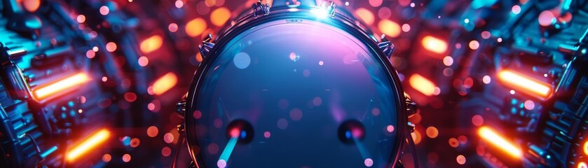 Bass drum glowing with vibrant neon colors, double exposure