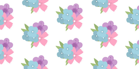 Cute floral horizontal pattern. Simple flowers pattern for fabric printing, wrapping paper, design. Seamless floral vector pattern isolated on changeable white background. Pretty kids texture.