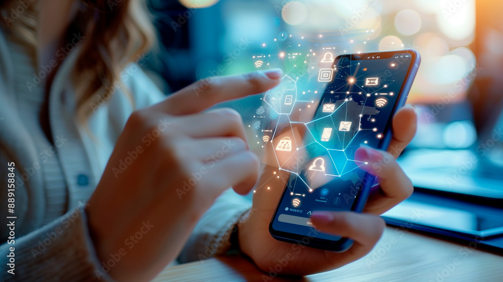 Poster a user interacting with an ai chatbot on a smartphone, with a clean and intuitive app interface, ai 