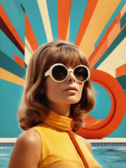 Abstract collage art composition of woman portrait and summer vacation elements, wallpaper modern art. 60s style