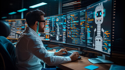 a data scientist programming and training an AI chatbot, with code and algorithms displayed on multiple screens, AI chatbot, machine learning, data science, AI training, technology