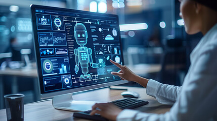 a business professional interacting with an AI chatbot on a computer screen, with a seamless interface for customer support, AI chatbot, customer service, business technology, digi