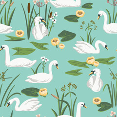 vector drawing seamless pattern with white swans swimming in water, river plants and flowers, natural wildlife composition, hand drawn illustration