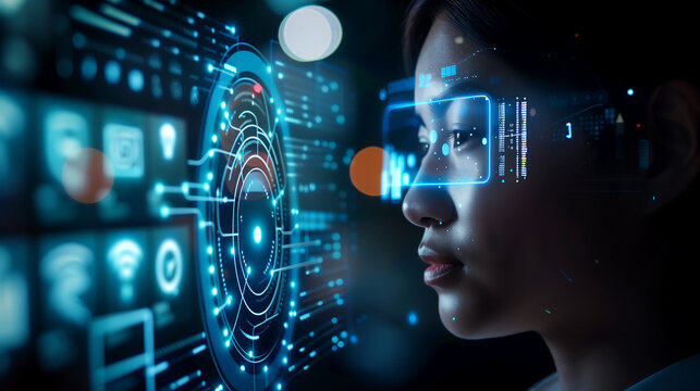 digital technology and futuristic concept close up of a young asian woman using a virtual digital interface and smart glasses to monitor data or work on a computer in a dark room - Powered by Adobe