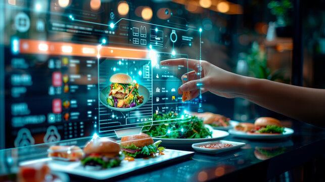 a customer using an AI chatbot to order food delivery, with a digital menu and order tracking interface, AI chatbot, food delivery, customer service, digital interaction, convenien - Powered by Adobe