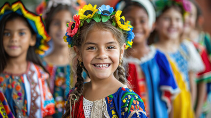 Fototapeta premium A smiling girl wears a colorful traditional dress and flower crown, standing with other children in similar attire.