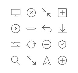 Set of interface and web icons, download, magnifying glass, shield, refresh, navigation and linear variety vectors.	
