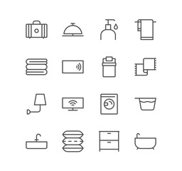Set of holiday and hotel icons, reception, luggage, bed, machine, clean, bath, towel and linear variety vectors.	
