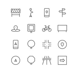 Set of highway and navigation icons, direction, barrier, bicycle, signboard, location, way, viaduct and linear variety vectors.	
