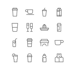 Set of drink and cup icons, cocktail, beverage, glass, coffee, alcohol, juice, tea and linear variety vectors.	
