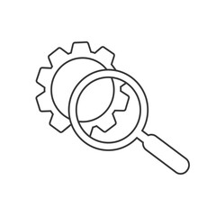 Magnifying glass sign icon or logo. Search Gear Tool concept. looking over the gear to see the detail, vector illustration