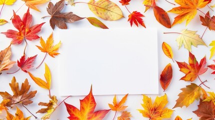 Obraz premium Autumn leaves arranged around a blank white square, creating a vibrant and colorful frame for seasonal content or text.