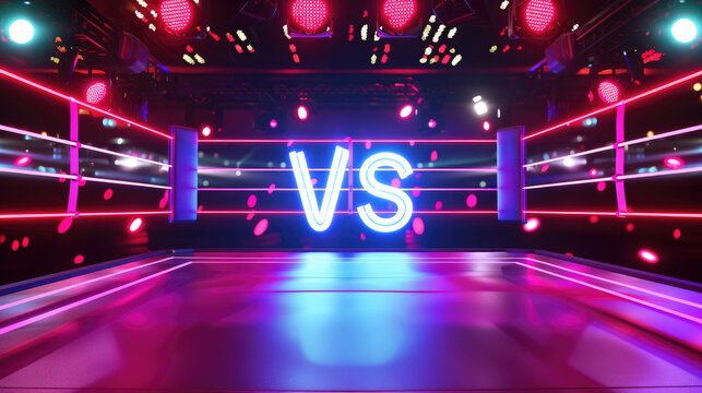 empty boxing ring with the word "VS" in lights between two columns on stage, red and blue neon light effects