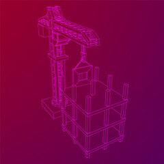 Construction crane tower. Building under construction industrial concept. Wireframe low poly mesh vector illustration.