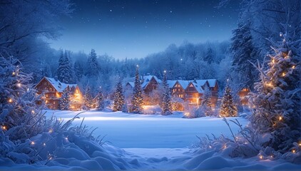 Illustration of a beautiful winter panorama. Festive background with winter landscape, city, forest, snow and place for your text.