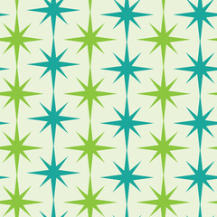 Mid Century Modern Atomic starbursts seamless pattern in Lime green and teal over light background. For home decor, textile and wallpaper.