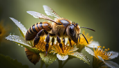 Fototapeta premium Close-up of a honey bee searching for nectar and food for the bee colony, important for pollination in nature and the ecosystem