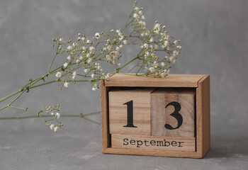Wooden calendar with the date September 13 and gypsophila flowers on a gray concrete background