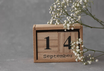 Wooden calendar with the date September 14 and gypsophila flowers on a gray concrete background