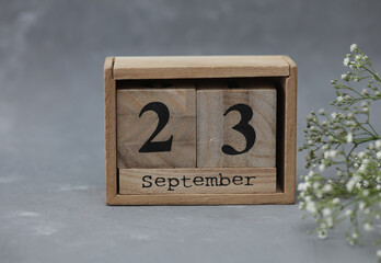 Wooden calendar with the date September 23 and gypsophila flowers on a gray concrete background