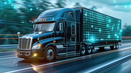 A semi-truck drives on a digital highway with a wireframe design, symbolizing the future of transportation