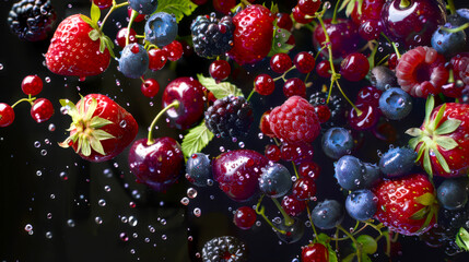 Close-up of summer delicious ripe bright sweet berries of raspberries, strawberries, blackberries, red currants, cherries and blueberries on a black background. Drops of water