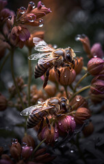 Close-up of a honey bee searching for nectar and food for the bee colony, important for pollination in nature and the ecosystem