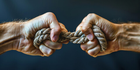 Two hands tightly grip a rope in a tug-of-war, symbolizing competition, struggle, and determination.