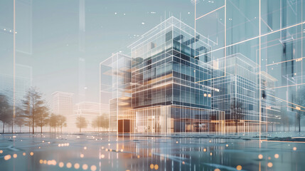 futuristic cityscape featuring modern buildings with glowing grid lines, blending architecture and technology, advanced urban development and digital innovation