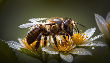 Fototapeta premium Close-up of a honey bee searching for nectar and food for the bee colony, important for pollination in nature and the ecosystem