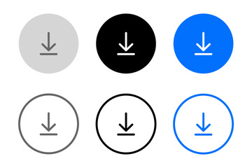 Download icon vector. Download blue button. Upload symbol. Load sign. Grey, blue and black button.
