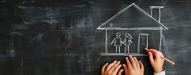 Hand drawing of family under roof on blackboard with chalk, real estate concept for home and housingeatmosphere minimalist background.