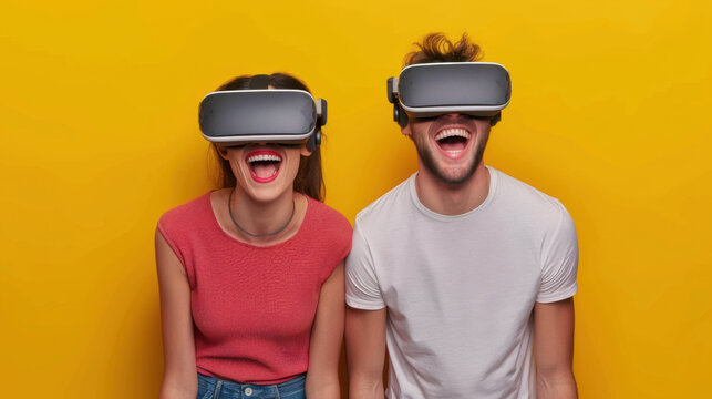 A happy couple wearing virtual reality headsets, enjoying a fun and immersive experience against a vibrant yellow background.