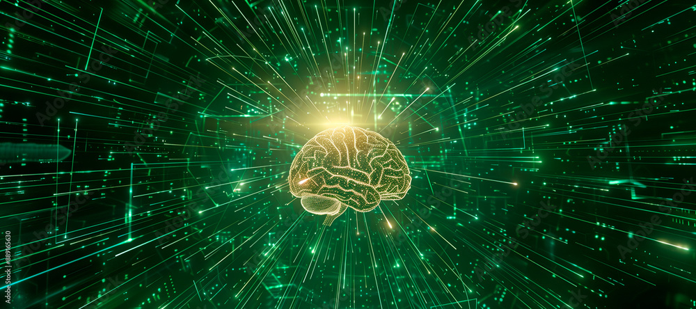 Poster a digital representation of a human brain centered on the screen. the brain is illuminated with a br