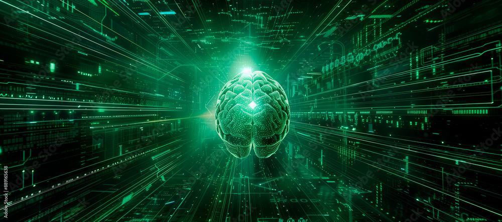 Aufkleber a digital representation of a human brain centered on the screen. the brain is illuminated with a br