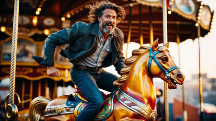 Middle-aged man laughing on merry-go-round horse, hair windswept. Captures adult playfulness and carefree spirit. Themes of joy, nostalgia, or embracing your inner child.
