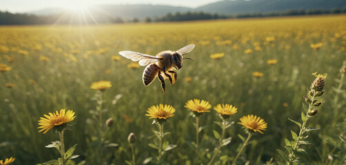 Close-up of a honey bee searching for nectar and food for the bee colony, important for pollination in nature and the ecosystem