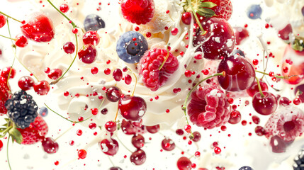 Close-up of wild berry dessert with vanilla ice cream on a white background. Delicious with strawberries, blueberries, raspberries, red currants and cherries