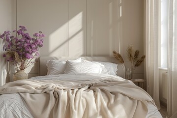 Bedroom with Simple Headboard and Soft Accents: A minimalist bedroom mockup with a simple headboard and soft accents.