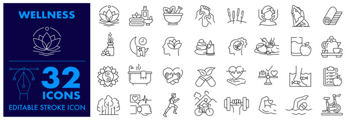 Wellness, Wellbeing and Lifestyle Editable Stroke Icon. Included Spa, Mental Health, Healthcare, Fitness, massage, yoga, spa, relaxation and More