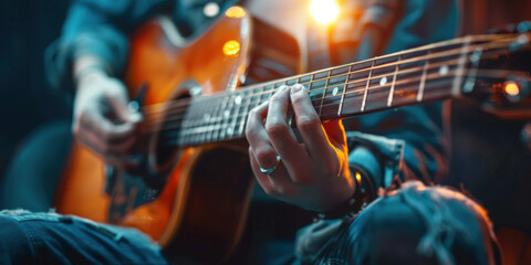 Obraz premium Musician playing an acoustic guitar, focusing on their fingers on the fretboard, illuminated by soft, warm lighting.