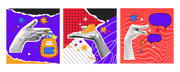 Set of posters in halftone style. Back to school. Supply. Autumn holiday. Trendy modern template. Collage poster. Torn paper. Business. Knowledge. Effect. Stickers. Element. Funky punk. Social media