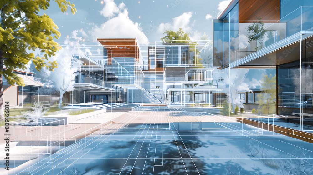 Poster modern architectural design blending real structures with digital wireframes, futuristic approach to