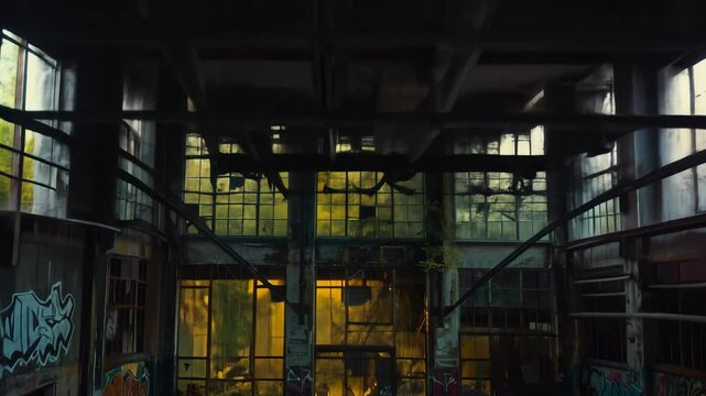 Abandoned, graffiti-covered industrial building with broken windows