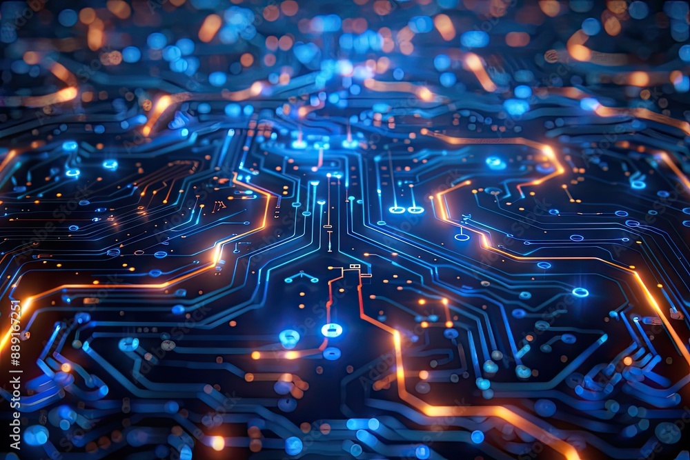 Poster abstract circuit board with glowing lights. perfect for technology, innovation, and data concepts.